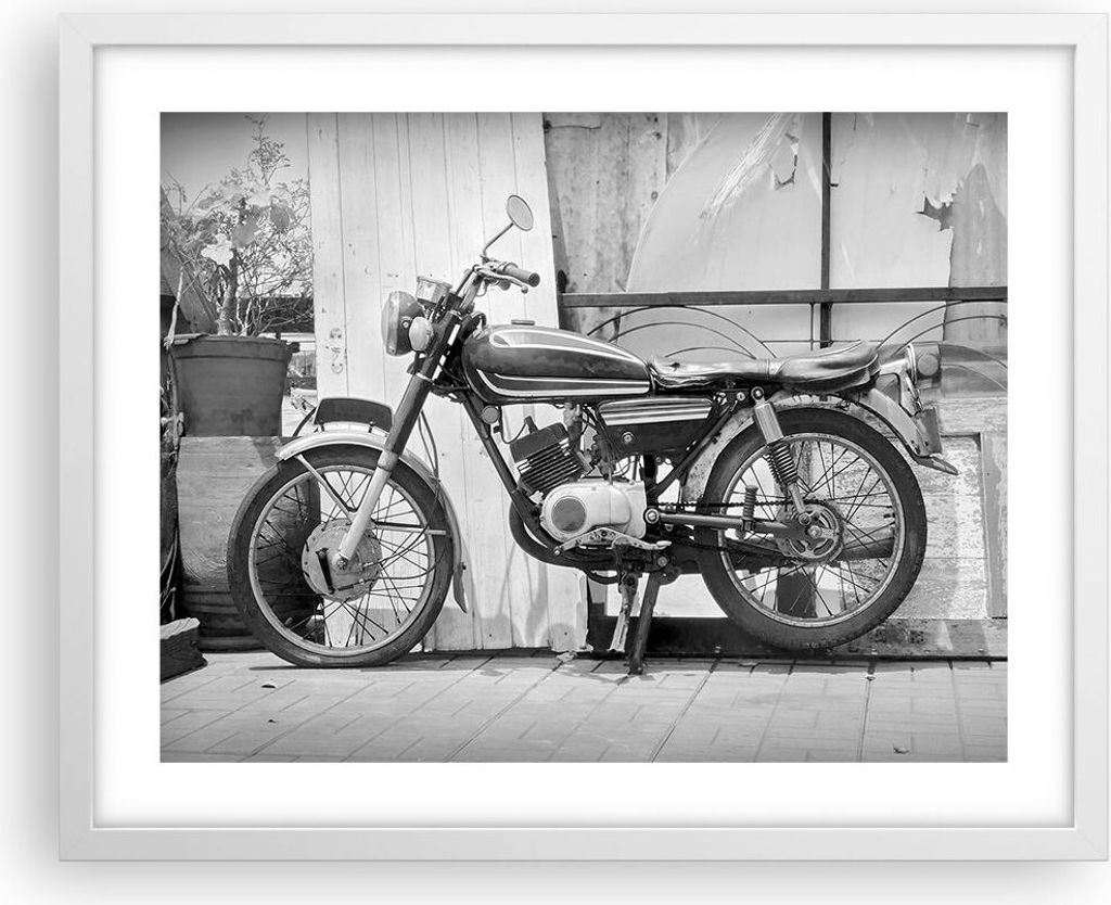 Gerahmtes Poster - Weißer Rahmen - Alt Motorrad Schwarz und Weiß - 50x40 cm - Wand Bild - Wanddeko - Wandbilder - Kunstposter - Wandposter - Bild...