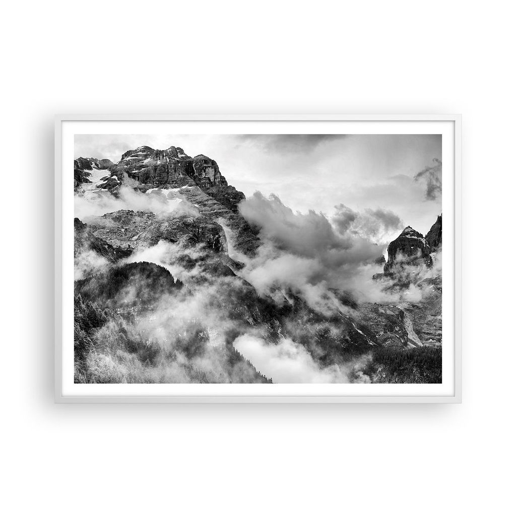 Gerahmtes Poster - Weißer Rahmen - Berge Nebel Gipfel - 100x70 cm - Wand Bild - Wanddeko - Wandbilder - Kunstposter - Wandposter - Bilderrahmen - ...