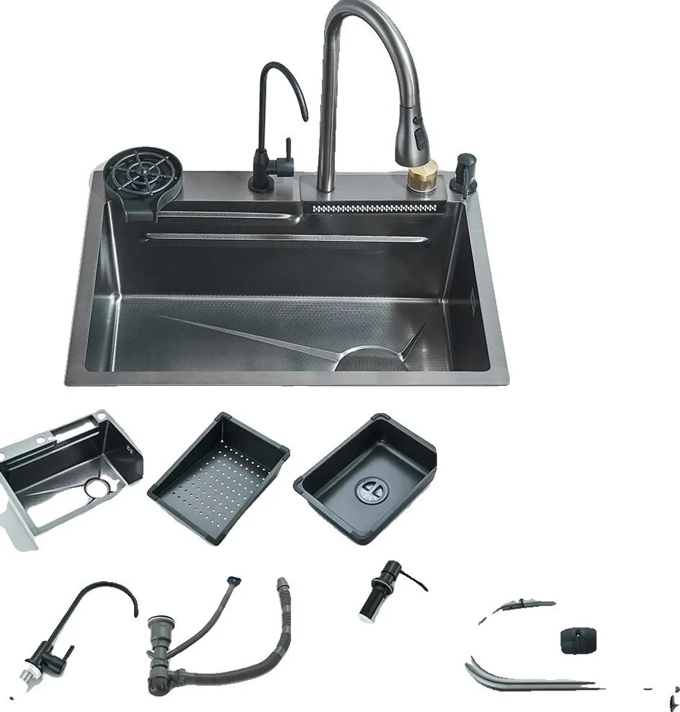 Évier inox 60x45 cm anti-éclaboussures avec robinet numérique intelligent