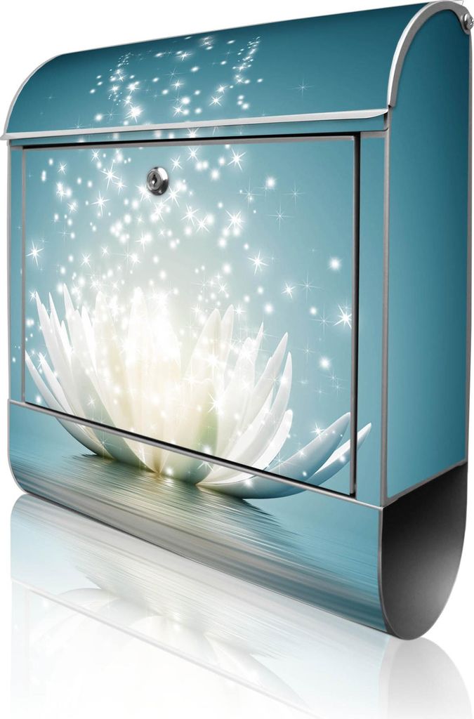 banjado Design Briefkasten Stahl silber mit Zeitungsfach pulverbeschichtet "Magische Lotusblüte" 38x46x12,5cm & 2 Schlüssel - Postkasten A4 Einwu...