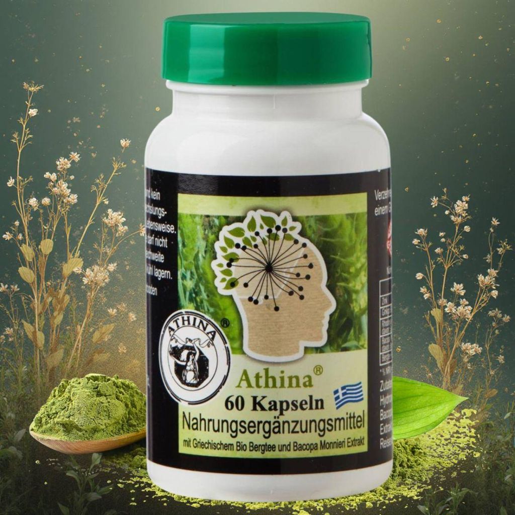 Athina Griechische Eisenkraut Bergtee Kapseln mit Bacopa Monnieri Extrakt 60 Stück I Mit Ginkgo Biloba, Rhodiola Rosea Extrakt & Zink