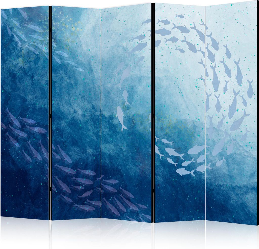 5-teiliger Doppelseitiger Vlies Paravent - Schools of Fish - Luminous Clusters of Fish in Blue Colors Among Sea Depths 225x172 cm g-C-10140-z-b