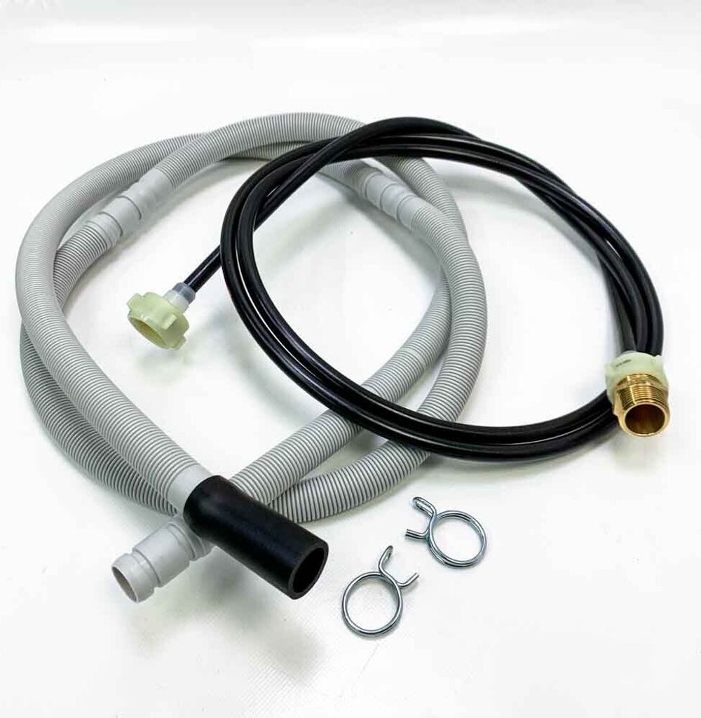 A set of hoses and clamps for a washing machine.