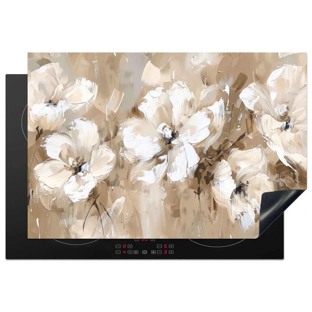 KitchenYeah Herdabdeckplatte Beige - Blumen - Abstrakt - Modern , 77x51cm, Küche Deko, Glaskeramikkochfeld Herdabdeckung, Abdeckplatte fùr Koch...