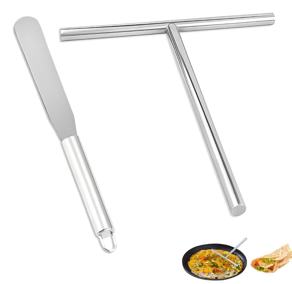 2-teiliges Crêpe-Spatel-Set, Crêpe-Spatel aus Edelstahl, 19,2 cm, T-förmiger Teigverteiler für Küche, Backen und Kochen.
