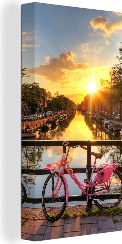 MuchoWow - Leinwandbilder - Amsterdam - Blumen - Brücke - Fahrrad - Sonnenuntergang, Wandbild, Wanddeko Bilder Wohnzimmer, 40x80 cm