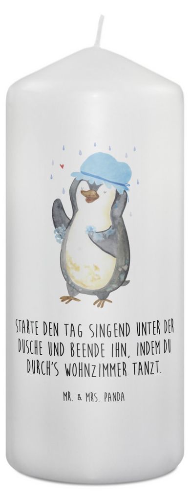 Mr. & Mrs. Panda Kerze Pinguin Duschen 19 x 8 cm - Weiß - Geschenk, Erinnerungskerze, Lebensmotto, glücklich sein, Blockkerze, Stumpenkerze, Sing...