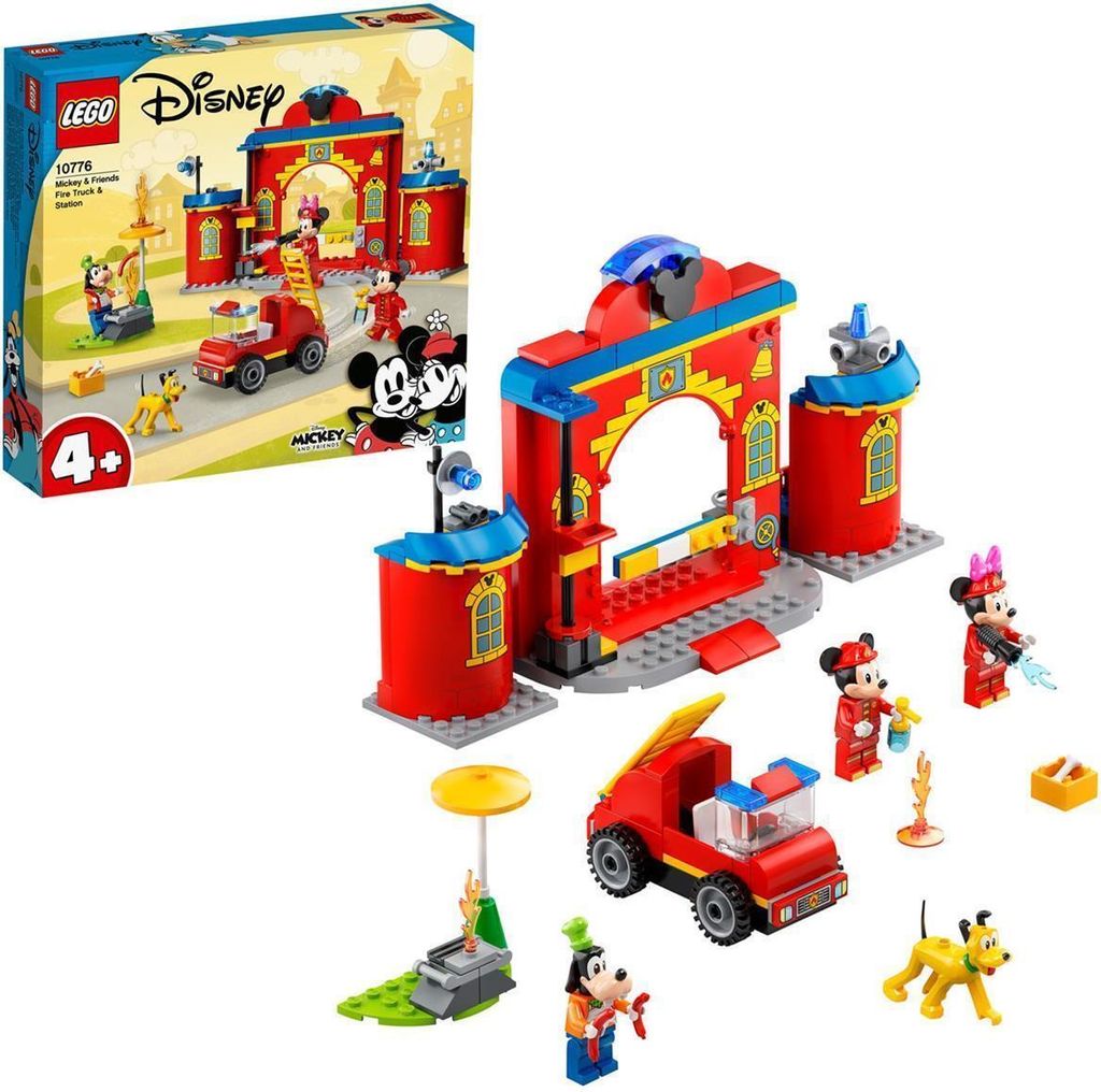 A LEGO Disney Mickey and Friends Fire Station and Fire Truck playset is displayed with its packaging.