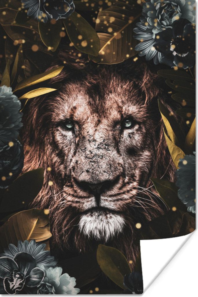 MuchoWow Poster Löwe - Blumen - Gold 120x180 cm - Kunstposter