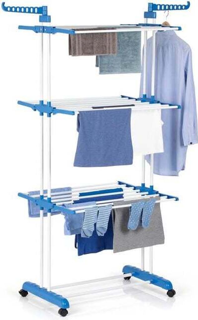 CLEAN Edition Wäscheständer 3 Etagen klappbar 63x76x173cm weiß/blau mit Rollen