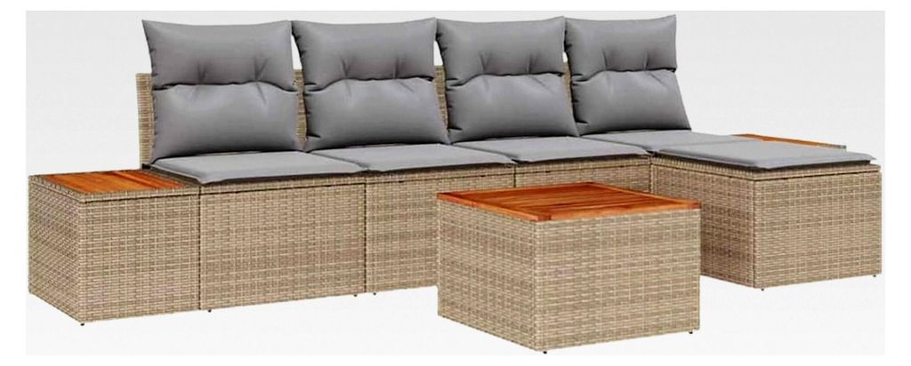 6-teiliges Garten-Sofa-Set mit Kissen in Beige aus Poly Rattan und Akazie für den Außenbereich