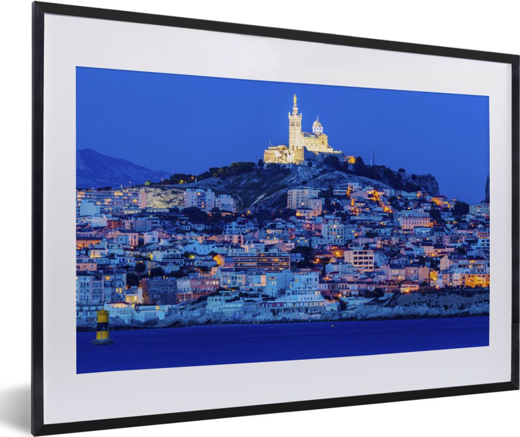 MuchoWow MuchoWow Gerahmtes Poster Nacht - Marseille - Frankreich 60x40 cm - Poster mit zchwarzem Bilderrahmen - Schlafzimmer - Plakat in Rahme...