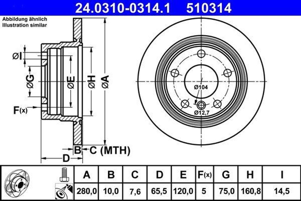 ATE 24.0310-0314.1 Bremsscheibe OE 34216764647 kompatibel mit 1er E81, 1er E87