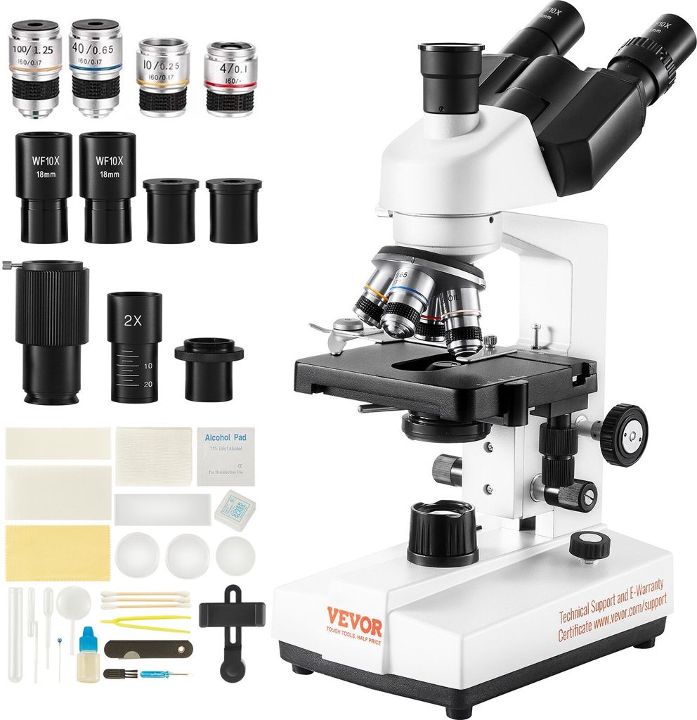 Trinokulares Mikroskop 10X, 25X, 2X Hilfslinse Compound Mikroskop, Objektive 4X, 10X, 40X, 100X, Labor Auflicht Mikroskop Vergrößerung 40-5000, 1...