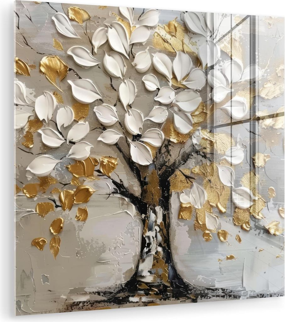 MuchoWow Glasbilder - Bilder auf Wandbild - Foto auf Glas Baum - Beige - Grau - Gold - Abstrakt 30x30 cm Wanddekoration aus Glas - Acrylglasbild - ...