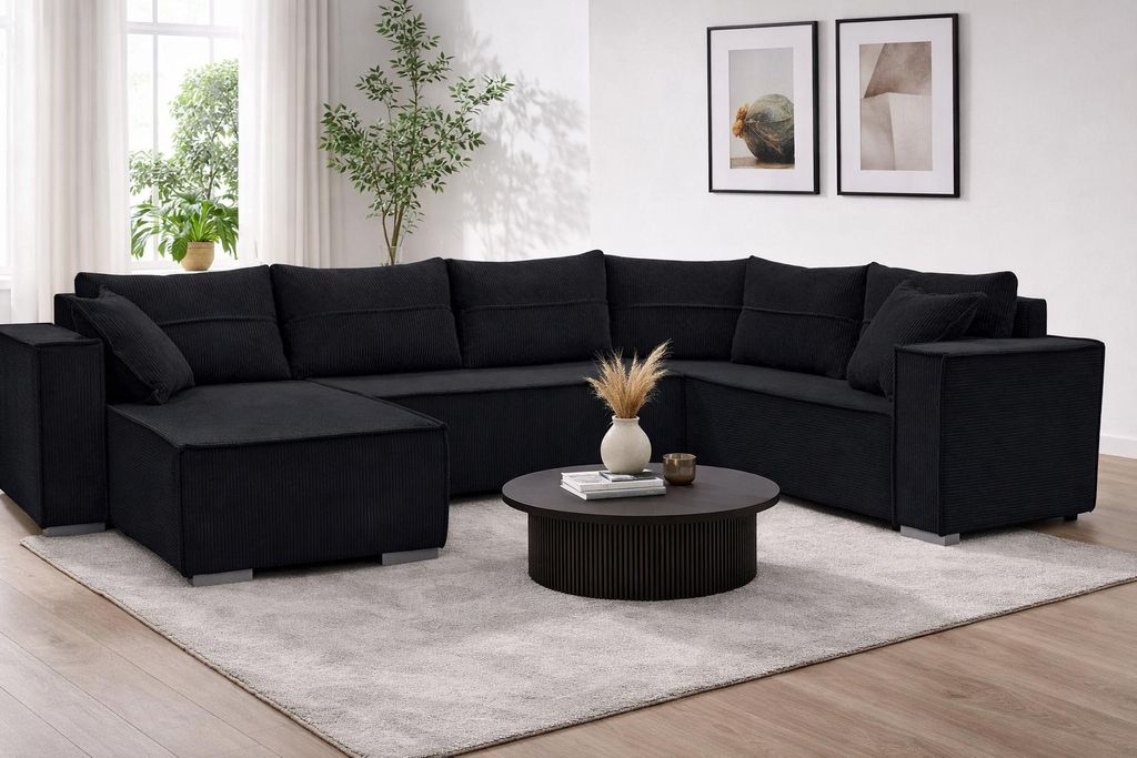 STYLO Couchgarnitur U-Form – Ecksofa in Cord Poso 135 mit Schlaffunktion & Bettkasten – Breite 315 cm