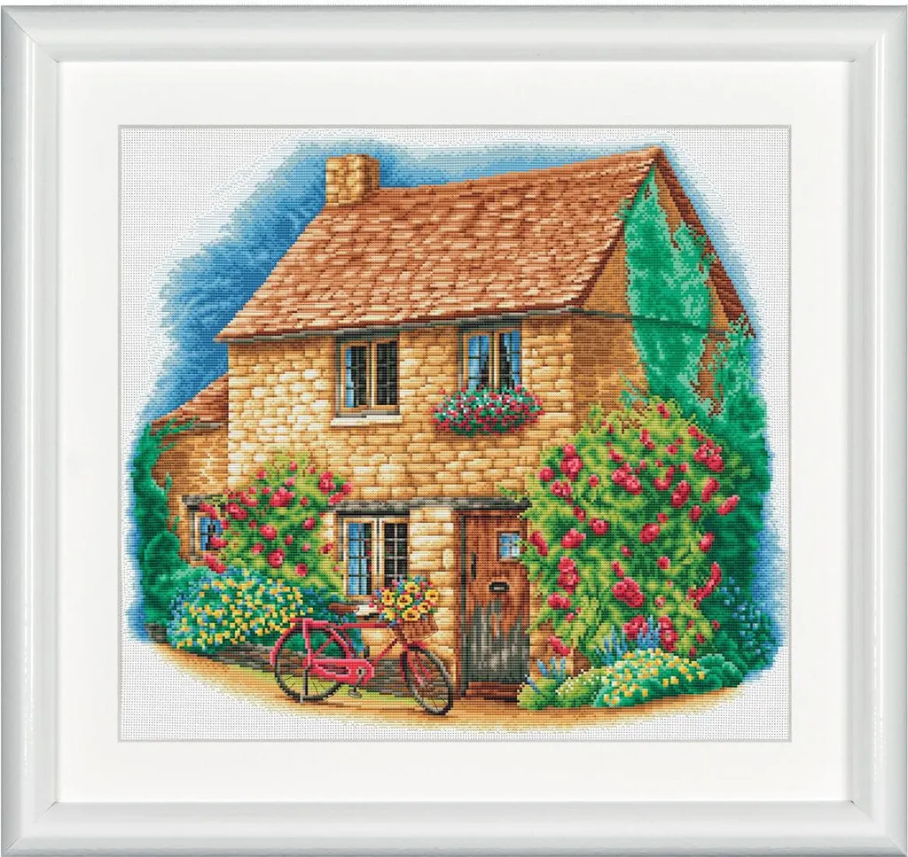 Grand kit broderie 50x50cm Maison de vacances avec vélo, toile Aida 14 ct