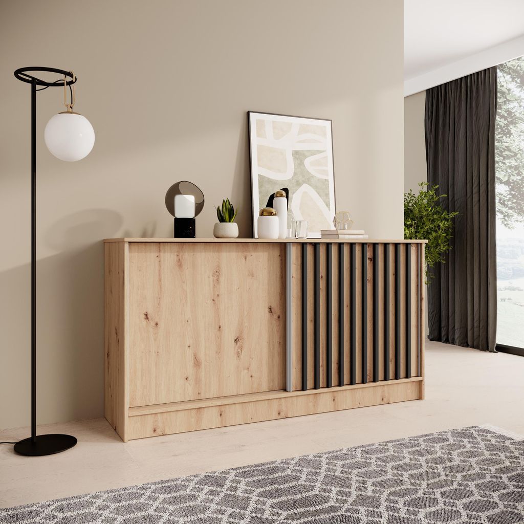 Kommode HORIZON 160 cm Artisan, Schwarz mit Lamellen Sideboard mit 2 Schiebetüren