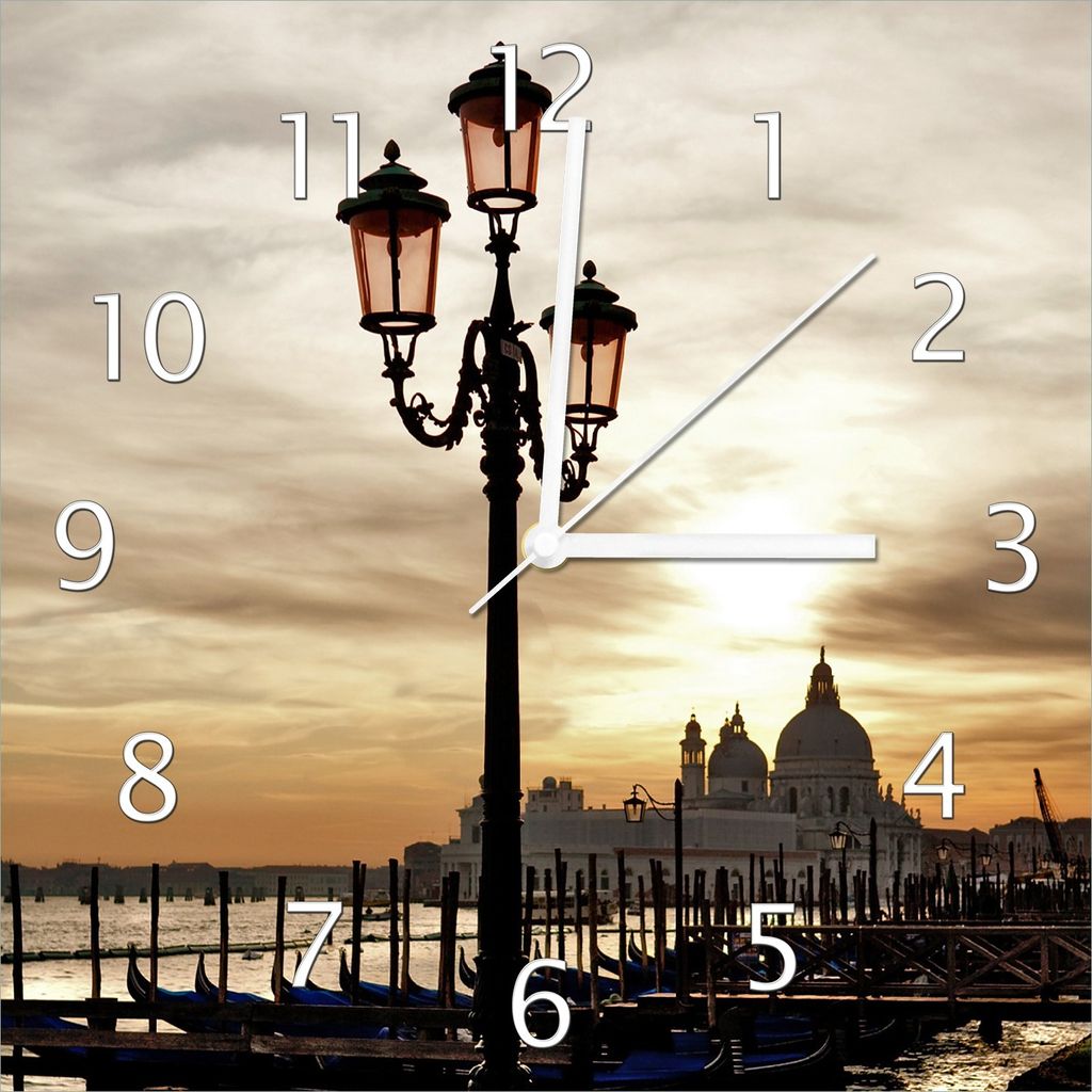 Wallario Design Wanduhr Venedig - Lagune bei Sonnenuntergang aus Echtglas, Größe 30 x 30 cm