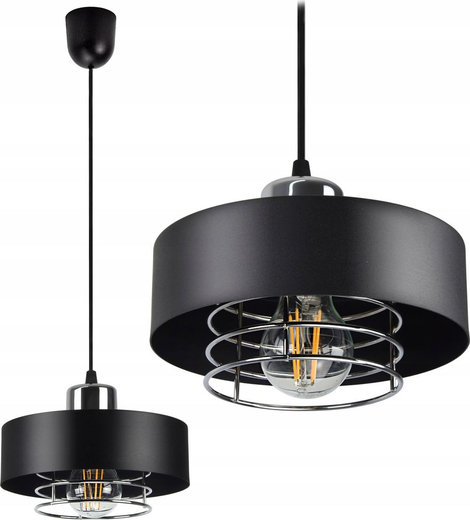 Two views of a black pendant light with a chrome cage around the bulb.