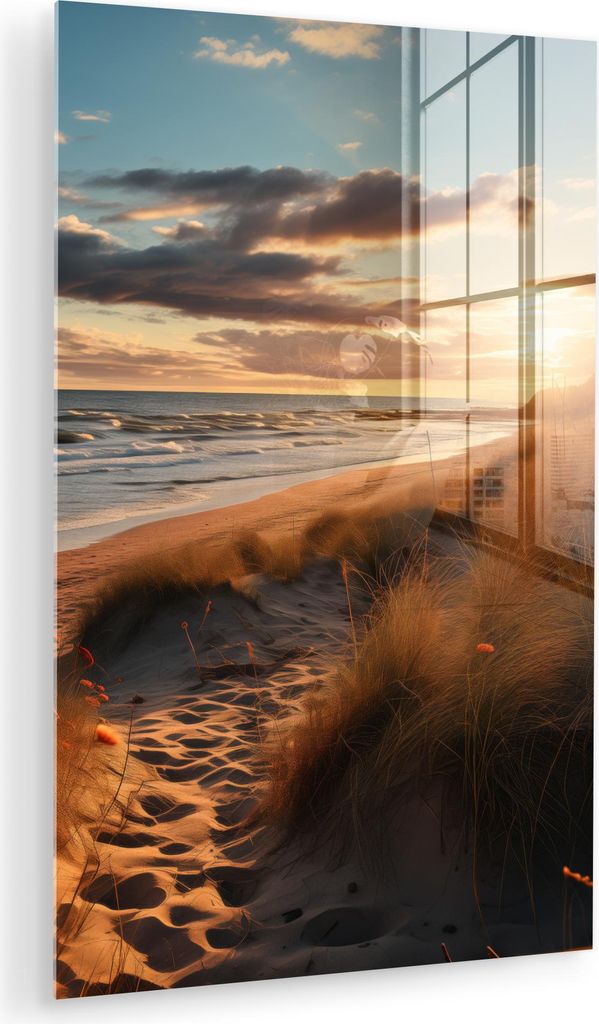 MuchoWow Glasbilder - Bilder auf Wandbild - Foto auf Glas Strand - Sonnenuntergang - Dünen - Meer - Sand 20x30 cm Wanddekoration aus Glas - Acrylg...