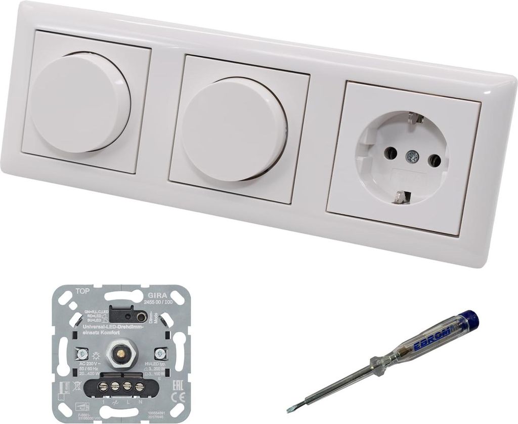 GIRA 245500 (2 x) LED Drehdimmer Dimmer + Dimmerscheiben Zentralscheiben 065003 und Steckdose 418803 in System55 reinweiß glänzend inklusive EBRO...