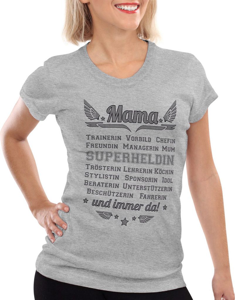 style3 Mama Trainerin Vorbild Superheldin Damen T-Shirt Muttertag Geschenk Mum Mutter, Farbe:Grau meliert, Größe:2XL