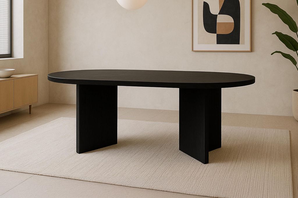Esszimmertisch Ovi | 160 x 90 cm | Holz Schwarze-Optik | Tischplatte 40mm | Tischbeine in V-Form | ovaler Esstisch mit geraden Kanten | Holztisch E...