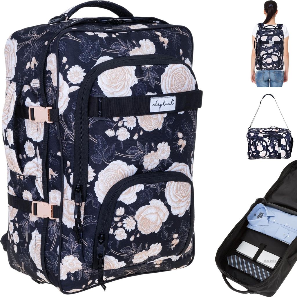 Rucksack Handgepäck Damen Elephant Travel Daypack Reiserucksack Leichtrucksack FLY IATA Laptop Tasche 42 Liter groß Gepäck 13023 Black Flower Sc...