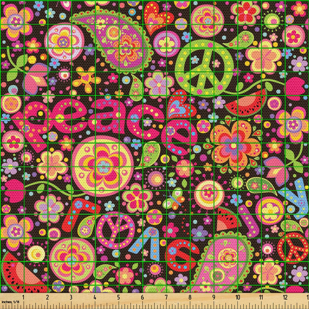 ABAKUHAUS toll Gewebe als Meterware, Hippie bunte Paisley Musik Schlüssel Typografie Idealismus historische Revolution, 1 M (148 x 100 cm), Mehrfa...