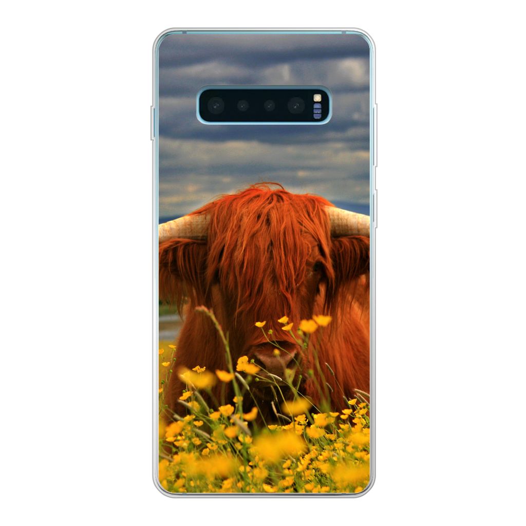 MuchoWow Handyhülle Schutzhülle Hülle für Samsung Galaxy S10 Lite Schottischer Highlander - Tiere - Blumen Silikon Softcase Handy Hülle - Sc...
