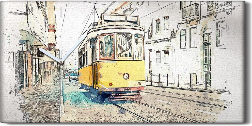 Wanduhr Leinwand Bild Uhr Quarz 60x30 Skizze mit Aquarell Straßenbahn City - weiße Hände