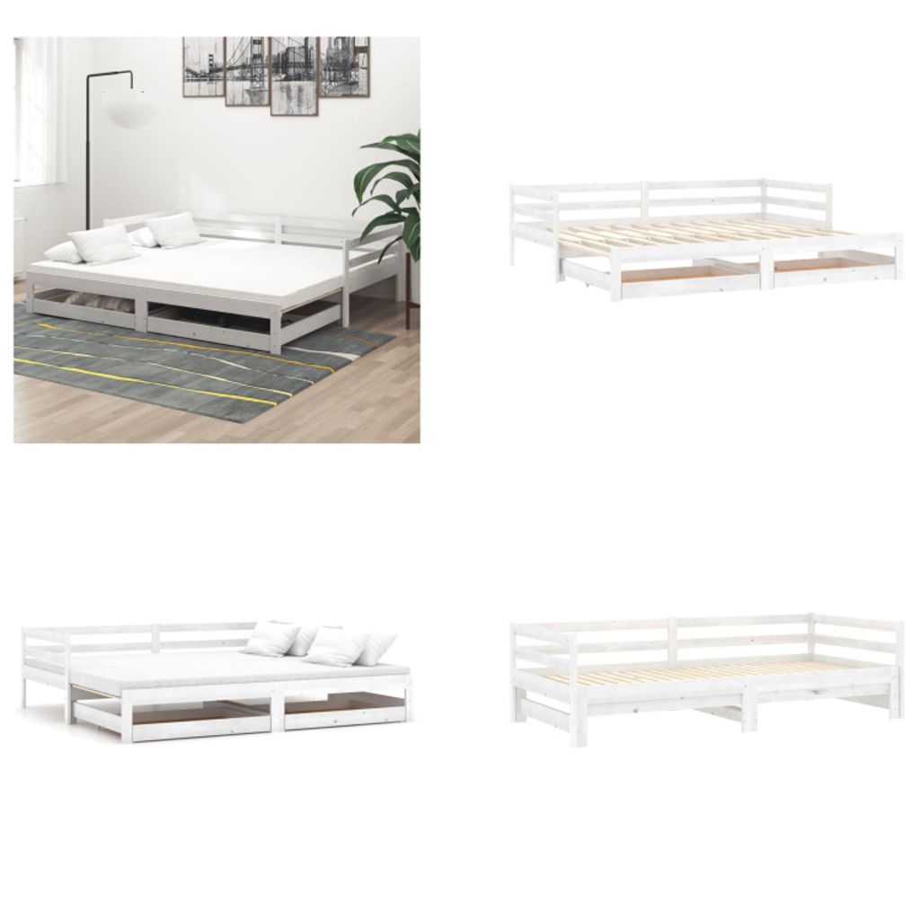 vidaXL Ausziehbares Tagesbett 2x(90x200) cm Weiß Massivholz Kiefer - Tagesbett - Tagesbetten - Holz Tagesbett - Holz Tagesbetten