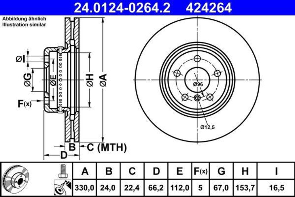 ATE 24.0124-0264.2 Bremsscheibe OE 34116860907 kompatibel mit 3er G20, 3er G21, 5er G30, 5er G31, X3, X4, Z4er G29, Supra