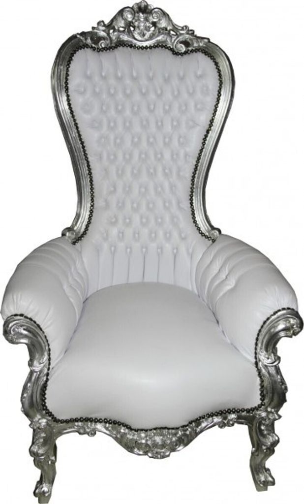 Casa Padrino Barock Thron Sessel Majestic Medium Weiß Lederoptik /Silber - Riesensessel - Thron Stuhl Tron