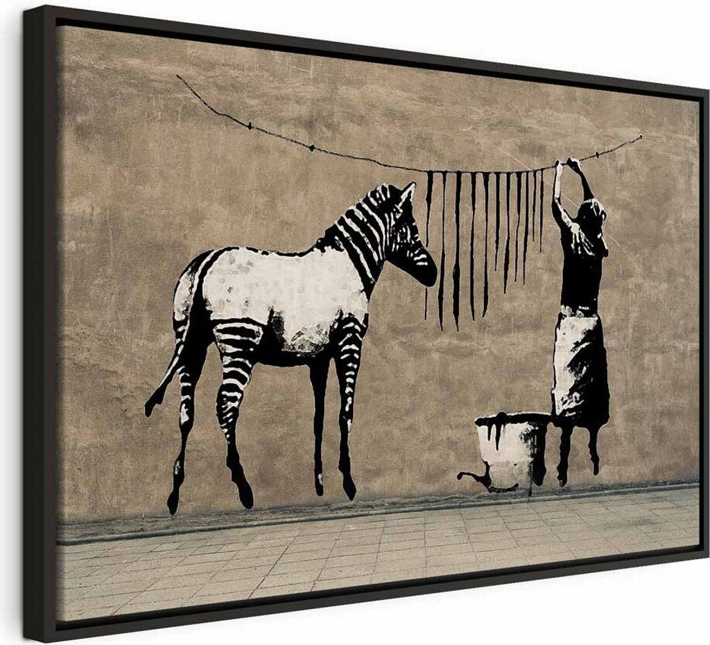 Italienischer Leinwand Leinwandbild - Banksy: Washing Zebra on Concrete (1 Part) Wide 120x80 cm Streetart i-C-0151-b-a