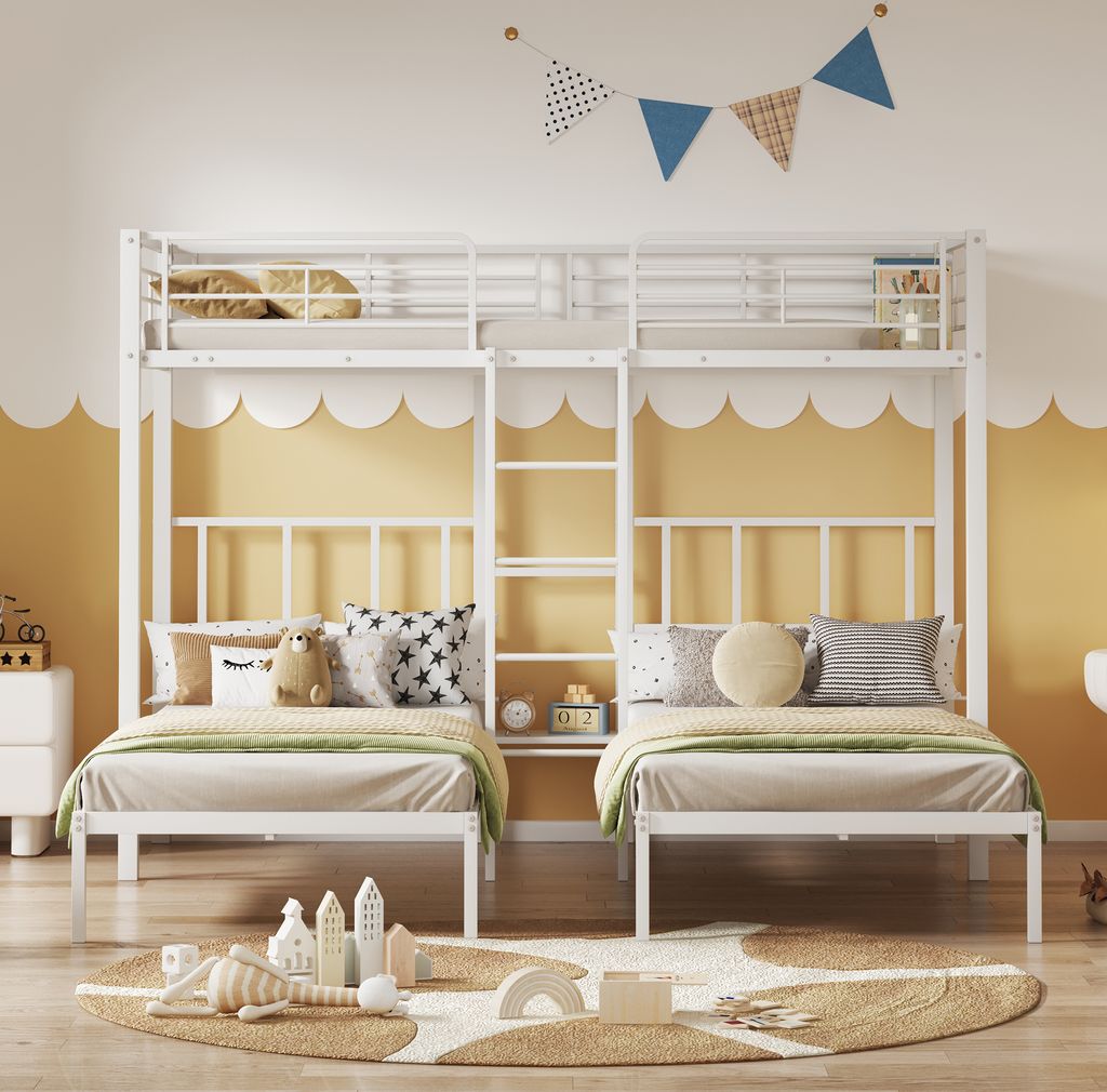 MODFU Etagenbett Metallbett Kinderbett 90x200cm mit Rausfallschutz und Tisch, Hochbett Bettgestell mit Lattenrost, Leiter und Ablage für 3 Kinder,...