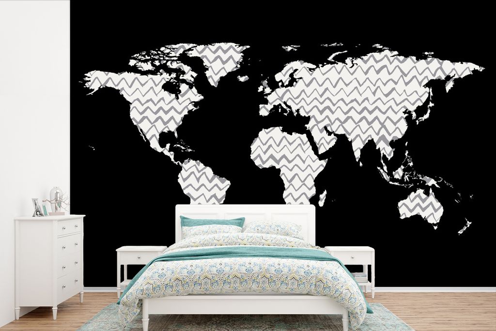 MuchoWow Fototapete für Wohnzimmer oder Schlafzimmer Wandtapete Vinyl Motivtapete Weltkarte - Weiß - Grau - 450x300 cm - Gemusterte