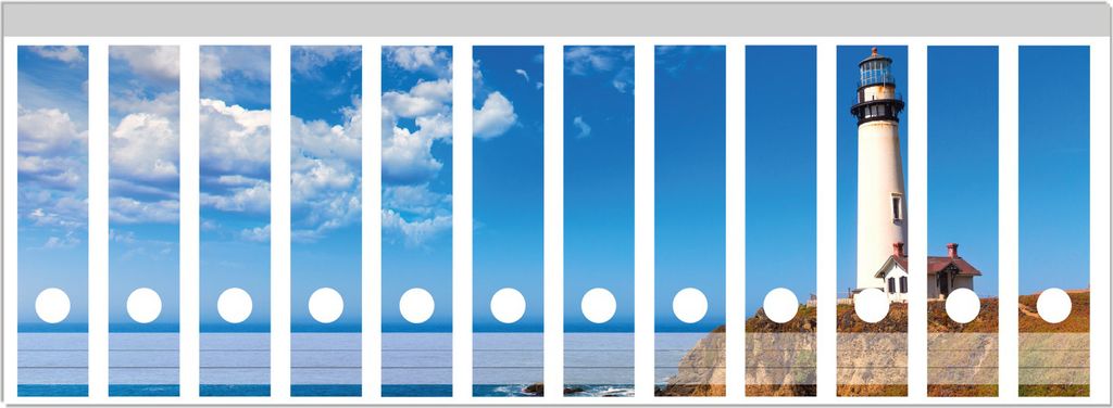 Wallario Ordnerrücken Sticker, selbstklebend für breite Ordner, 12 Stück, Motiv Leuchtturm auf einem Felsvorsprung - Blauer Himmel