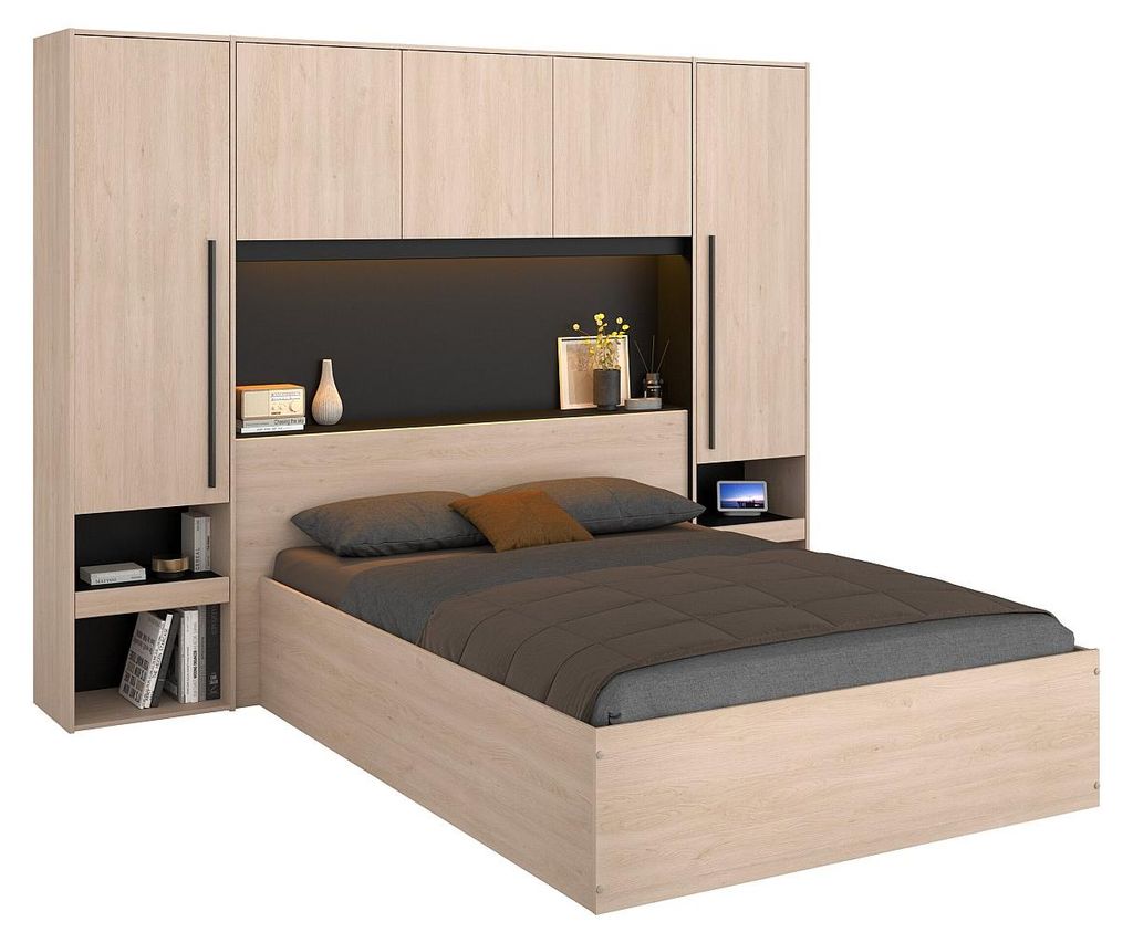 Bett mit Bettkasten 140 x 190 cm mit Überbau - Mit LEDs - Farbe: Natur und Schwarz - VELONA