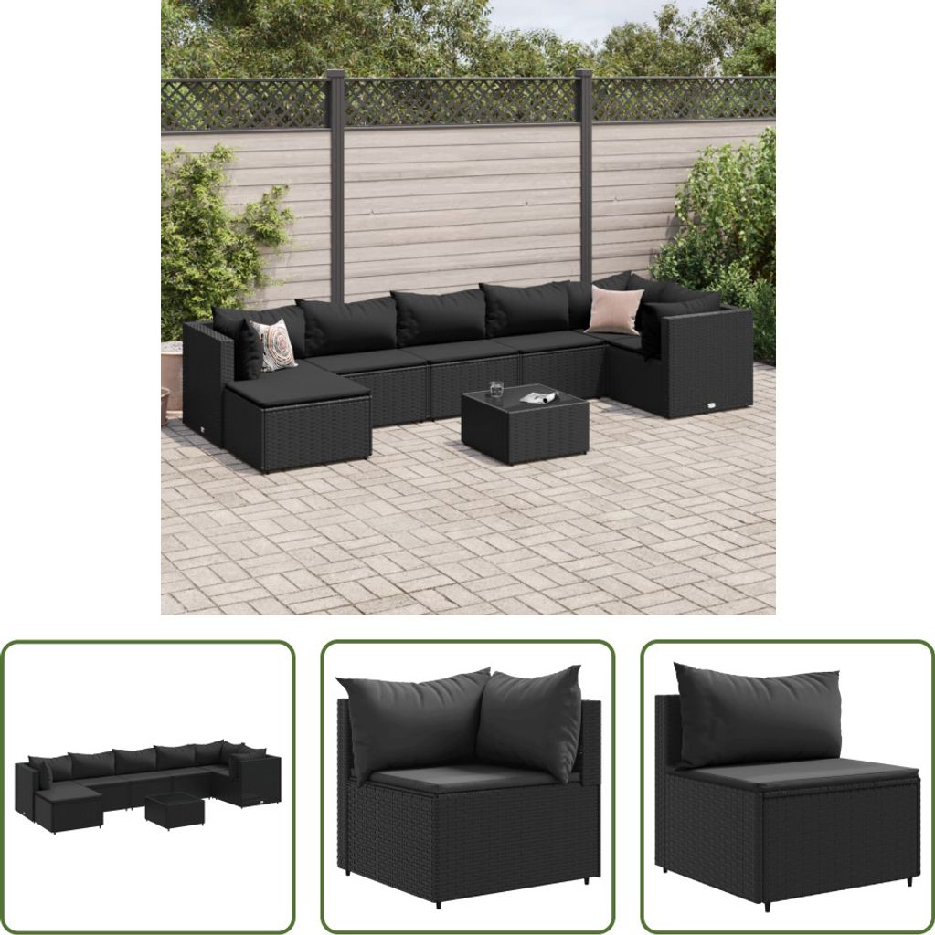 The Living Store 8-tlg. Garten-Lounge-Set mit Kissen Schwarz Poly Rattan