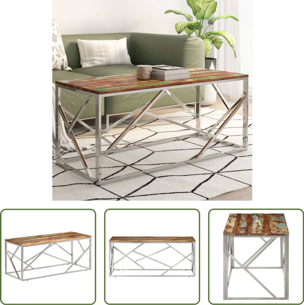 The Living Store Couchtisch Silbern Edelstahl und Altholz Massiv