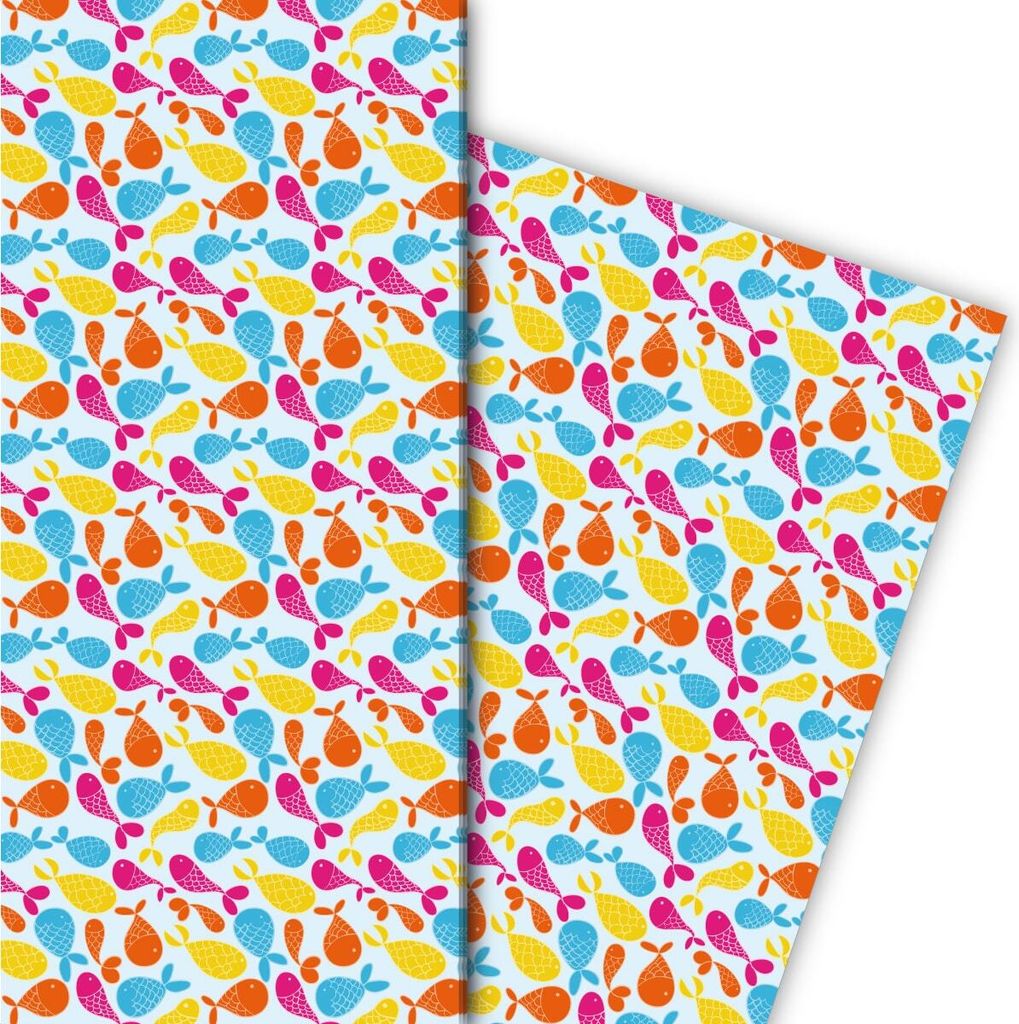 Modernes Geschenkpapier mit bunten Fischen auf hellblau - G7552, 32 x 48cm