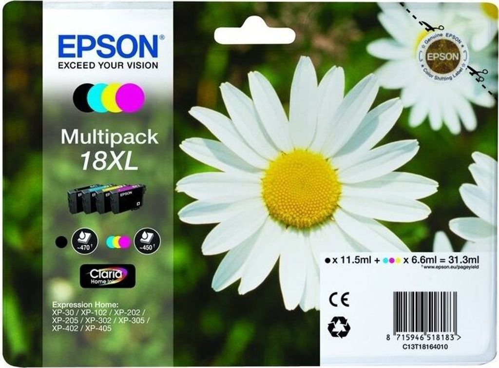 The image shows the packaging of an Epson ink multipack with daisies in the background.