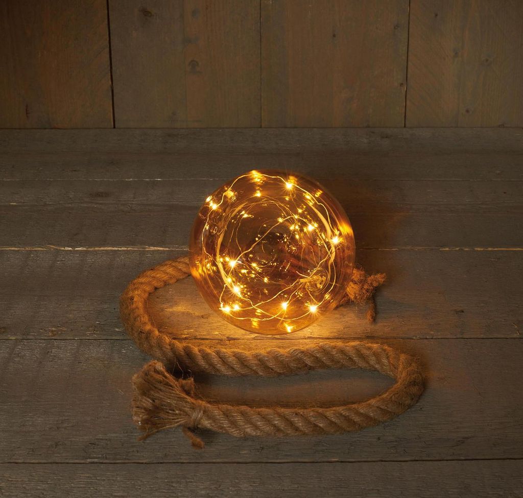 Kugel Glas gold mit LED Beleuchtung am Seil 15cm 10 Lichter warmweiß