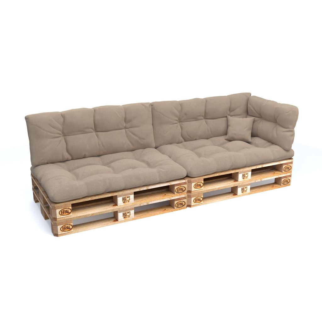 A long, beige pallet sofa with cushions, shown against a white background.
