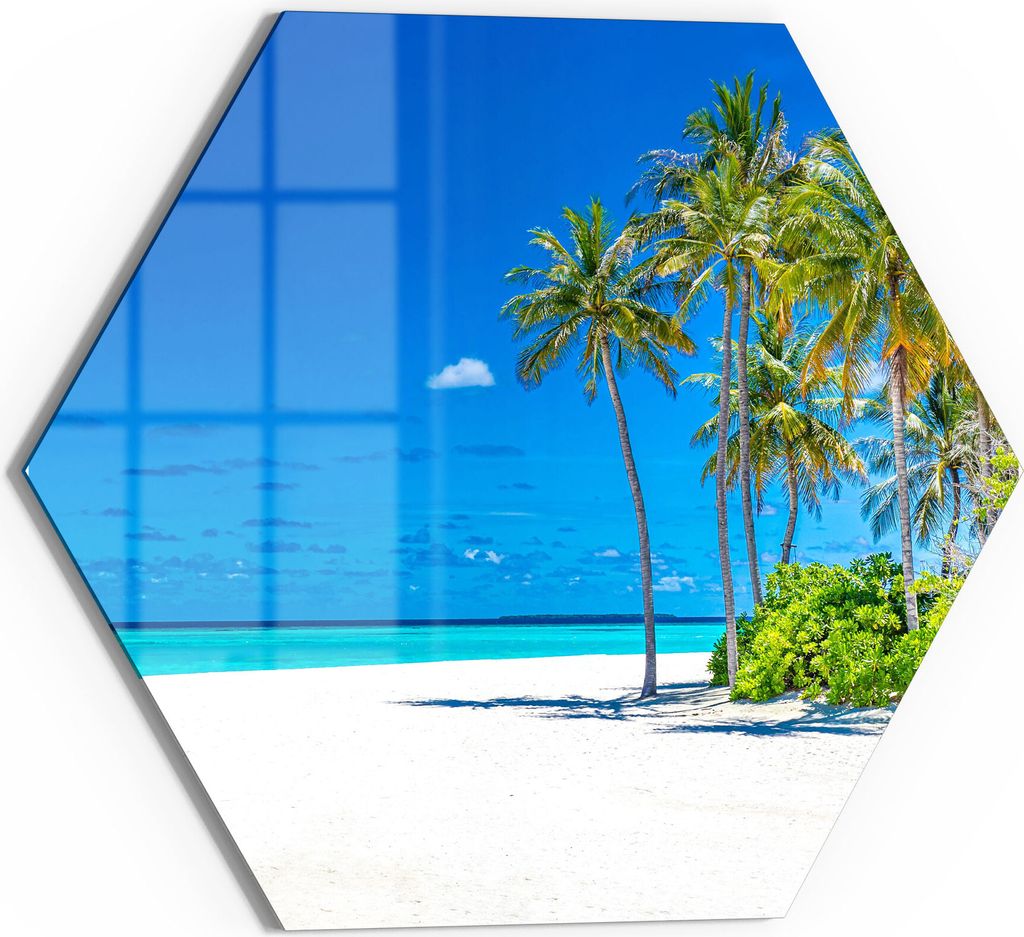 DEQORI Magnettafel Glas 40x35 cm 6-eckig 'Palmenstrand Panorama' beschreibbar Whiteboard