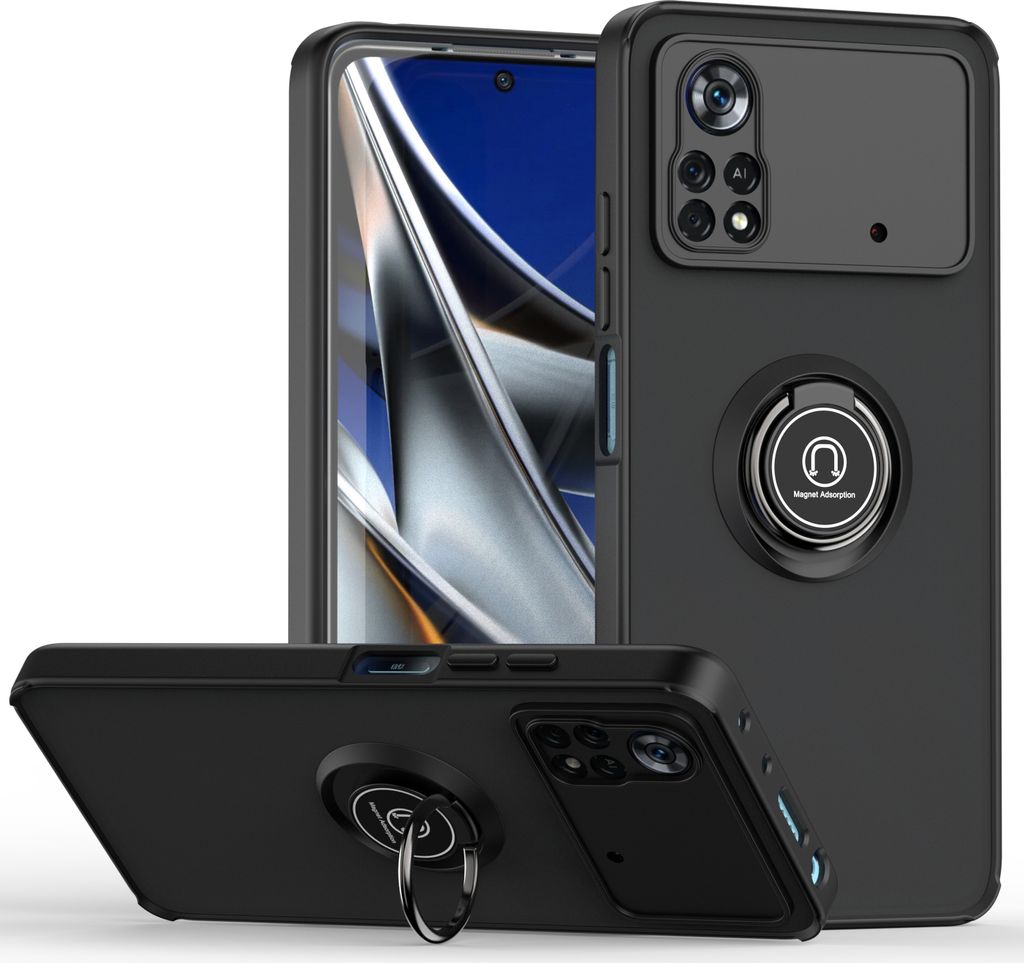 Xiaomi Poco X4 Pro 5G Hülle, Ring Halter Ständer Matte Transluzent TPU Rahmen Stoßfest Schutzhülle für Xiaomi Poco X4 Pro 5G Schwarz