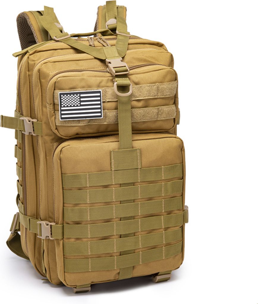 A tan tactical backpack with an American flag patch.