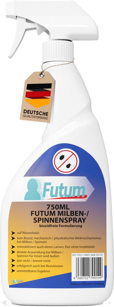 FUTUM 750ml Milbenspray / Spinnenspray | Biozidfrei gegen Milben & Spinnen | Wasserbasis | schnell & Direktwirkung | fleckenfrei Insekten bekämpfen